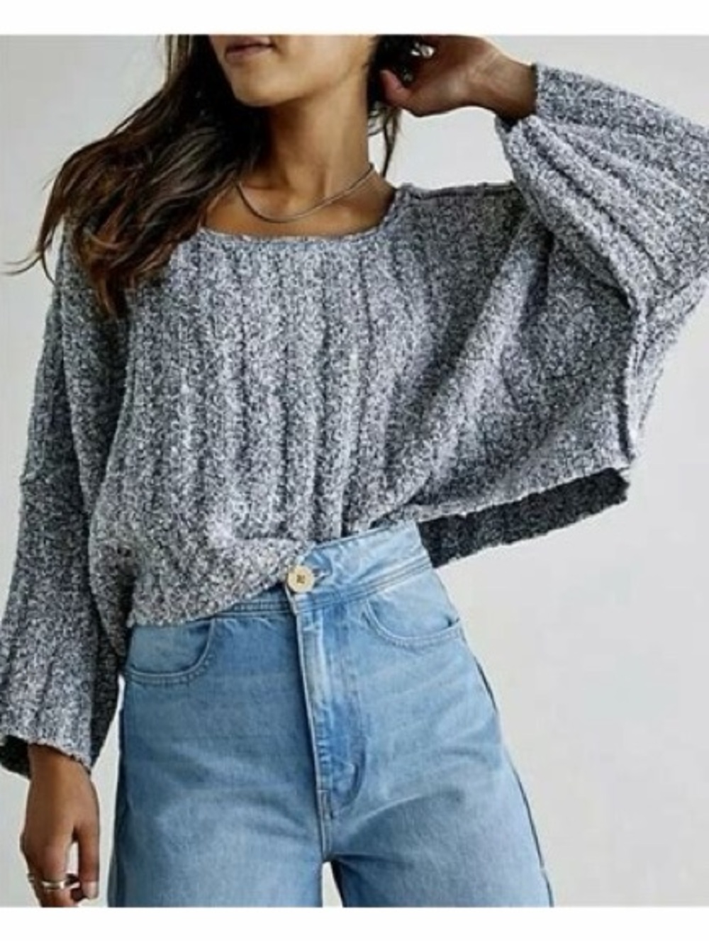Free People Gray Ribbed Cropped Crewneck Sweater